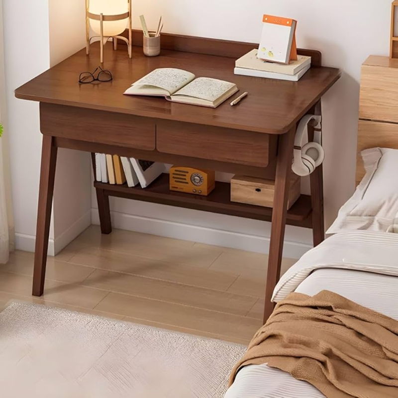 Writing Desk Scandinavian Walnut Trestle Base Stone Like Top Shelf