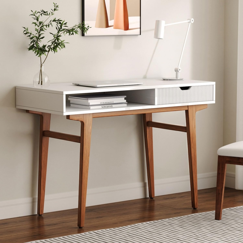 Writing Desk Scandinavian White Dual Drawers Open Storage Niche