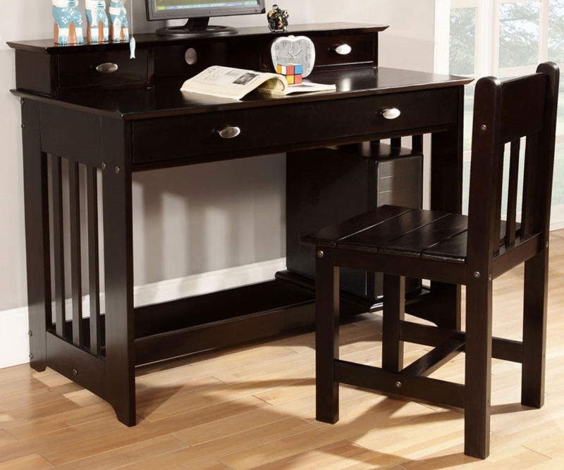 Writing Desk Set Espresso with Slat Back Chair Single Drawer
