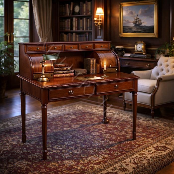 Writing Desk Set with Integrated Hutch, Turned Legs, Dark Wood Finish