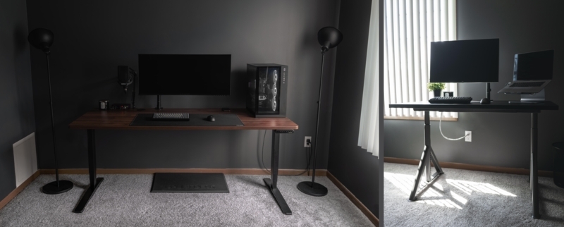 Writing Desk Setup with Wire Mesh Trays and Monitor Arm