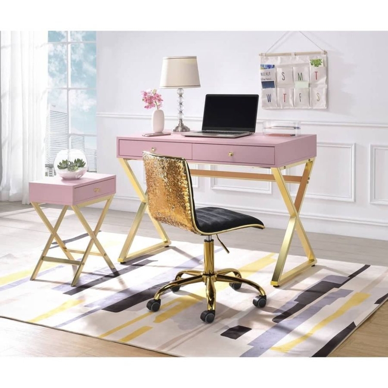 Writing Desk Shagreen Textured Finish Gold X Frame Legs Beige Glam