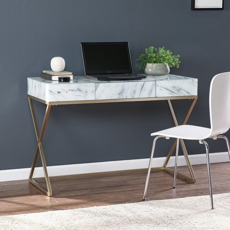 Writing Desk, Side Shelves, Polished Gold Frame, Glam Gold and Marble Desk