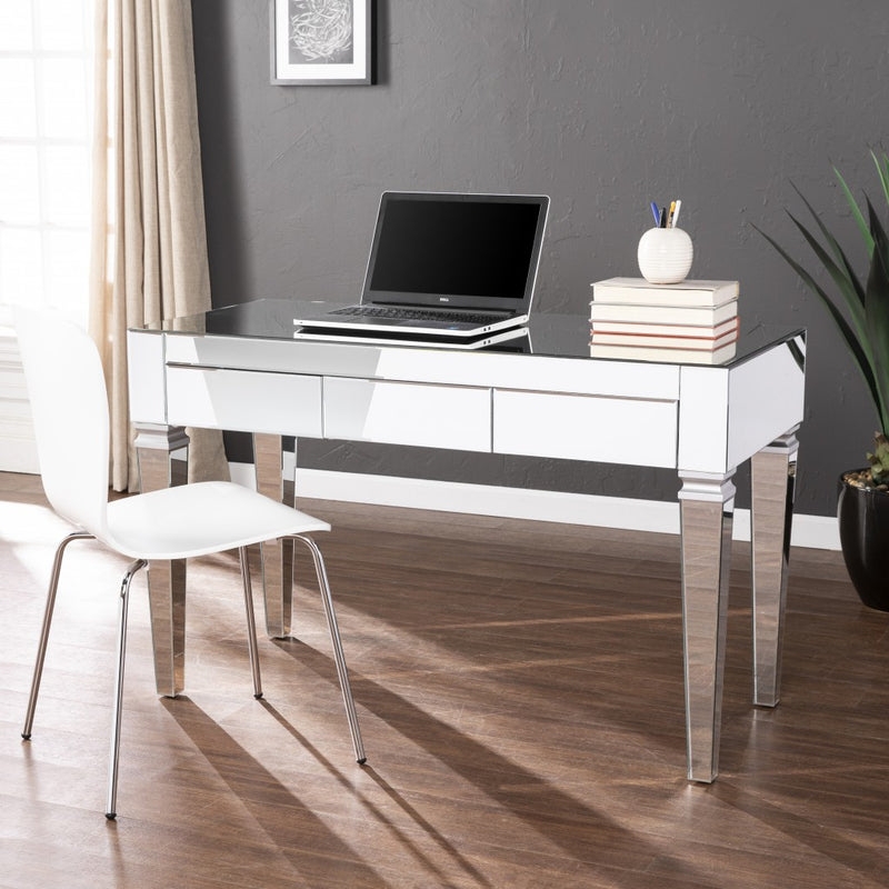 Writing Desk Silver Mirrored Panels Single Drawer Silver Trim