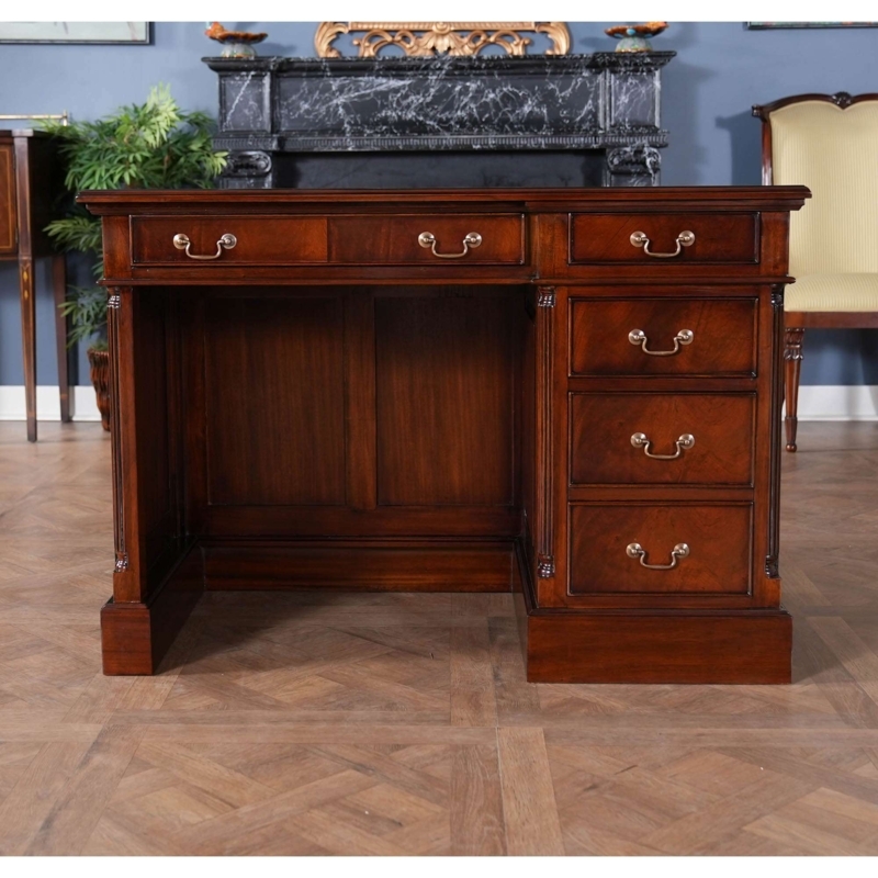 Writing Desk Single Bank Gold Tooled Leather Top Bun Feet Fluted
