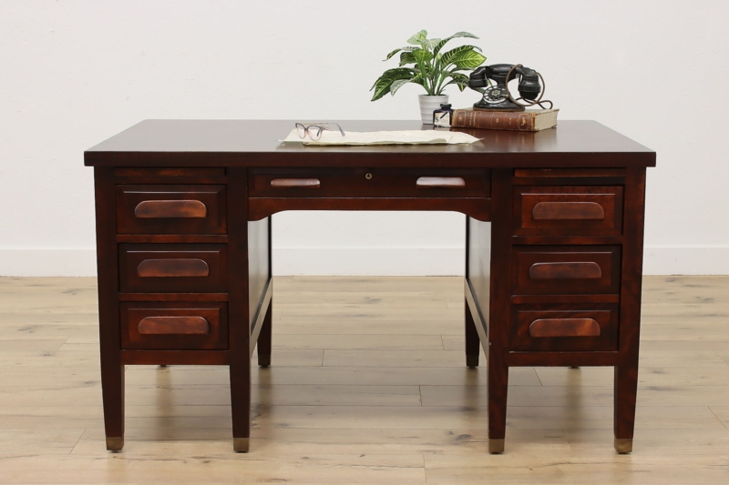 Writing Desk Single Pedestal Turned Legs Four Drawers Paneled Sides