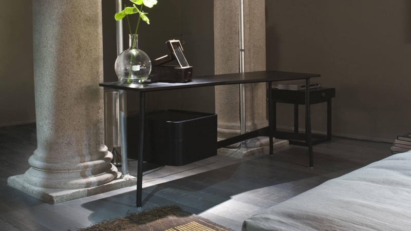 Writing Desk Sled Base Architectural Silhouette Dark Brown Integrated Desk Pad
