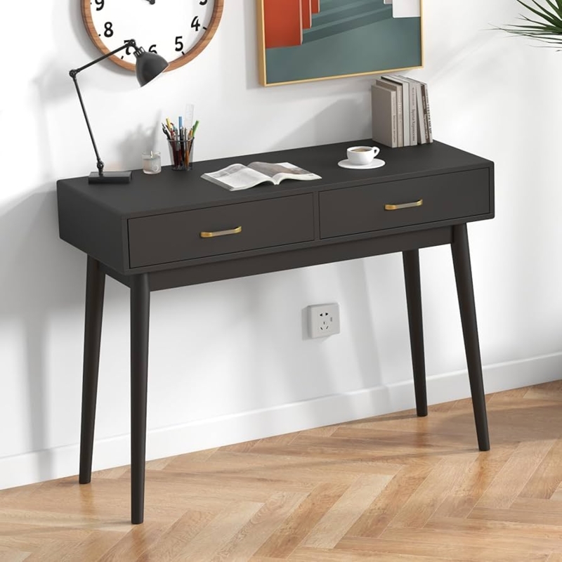 Writing Desk, Tapered Legs, Matte Black Finish, Two Storage Drawers
