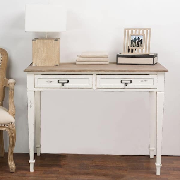 Writing Desk Tapered Legs Two Tone Distressed Small Farmhouse Office