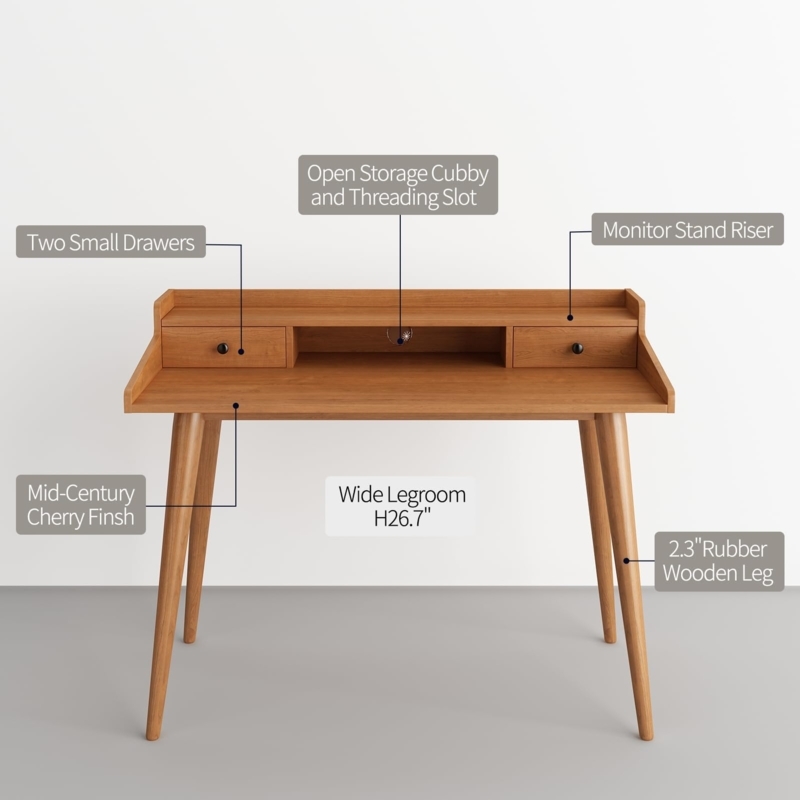 Writing Desk Tapered Metal Legs Monitor Riser Wood Cubby