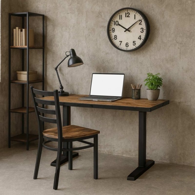 Writing Desk Thick Slab Top Live Edge Black Trapezoidal Legs