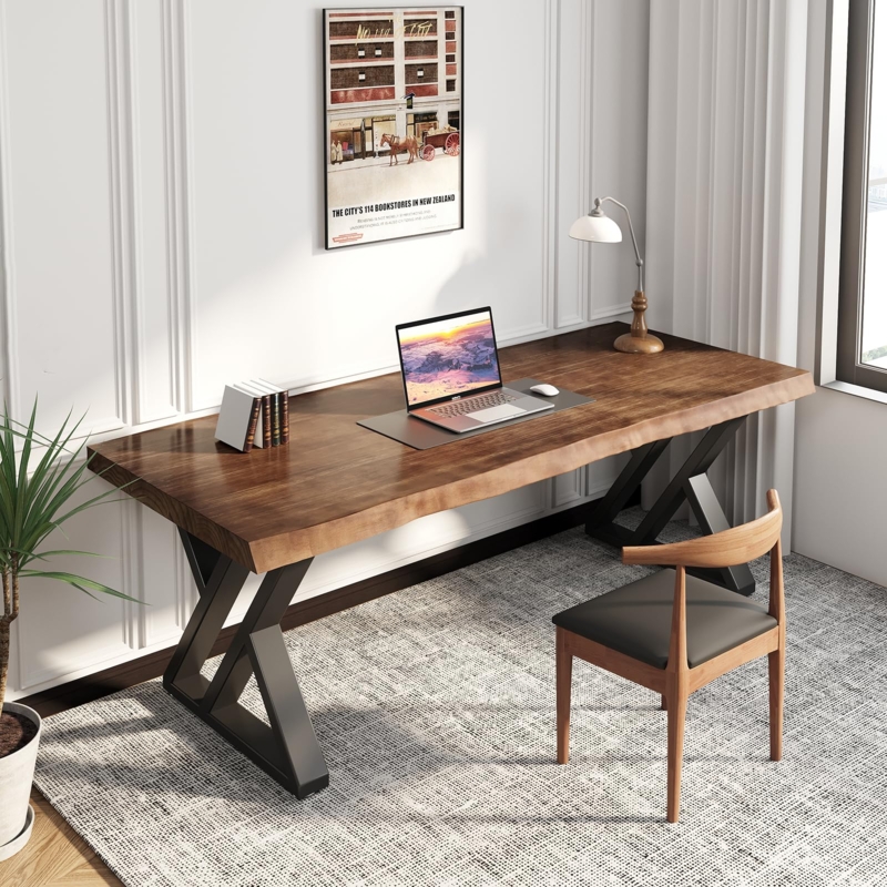Writing Desk Thick Slab Top Rustic Brown Industrial