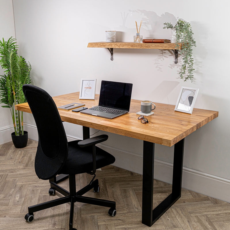 Writing Desk Thick Slab Top U-Shaped Legs. Black Metal Base.
