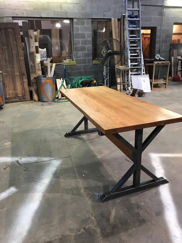 Writing Desk Thick Wood Top, Black Metal Sled Base, Industrial Style.
