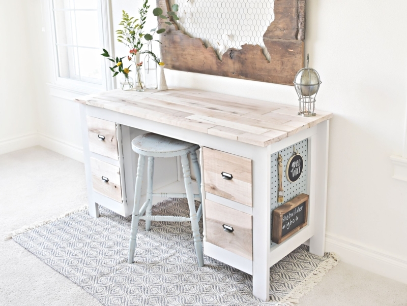 Writing Desk Thick Wood Top X-Frame Trestle Natural Finish