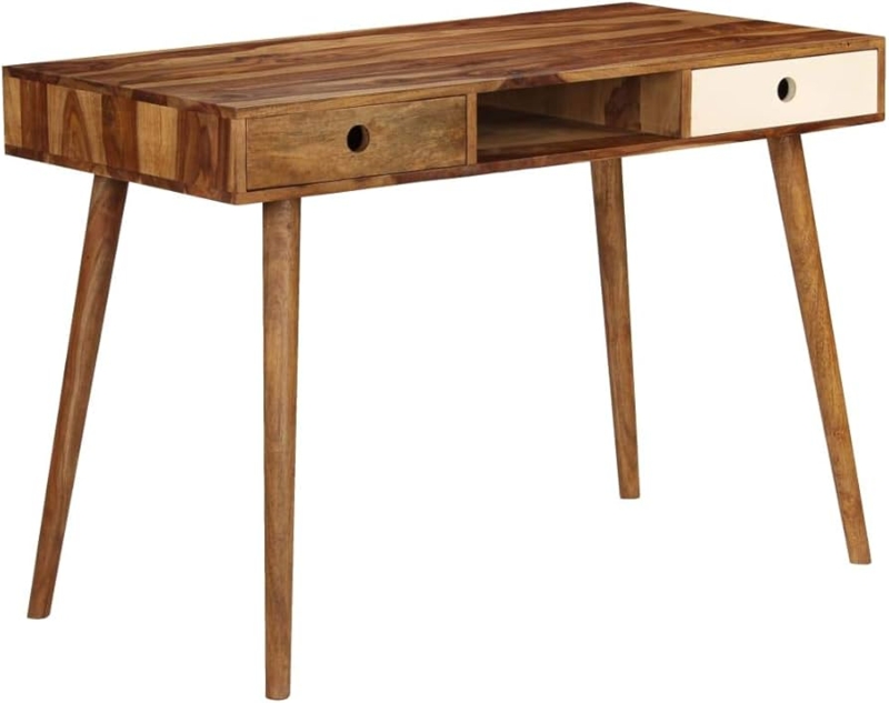 Writing Desk Three Compartments White Drawer Face Tapered Splayed Legs