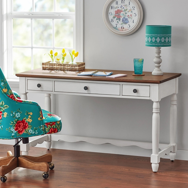Writing Desk Three-Drawer with Black Cup Pulls Tapered Legs Transitional