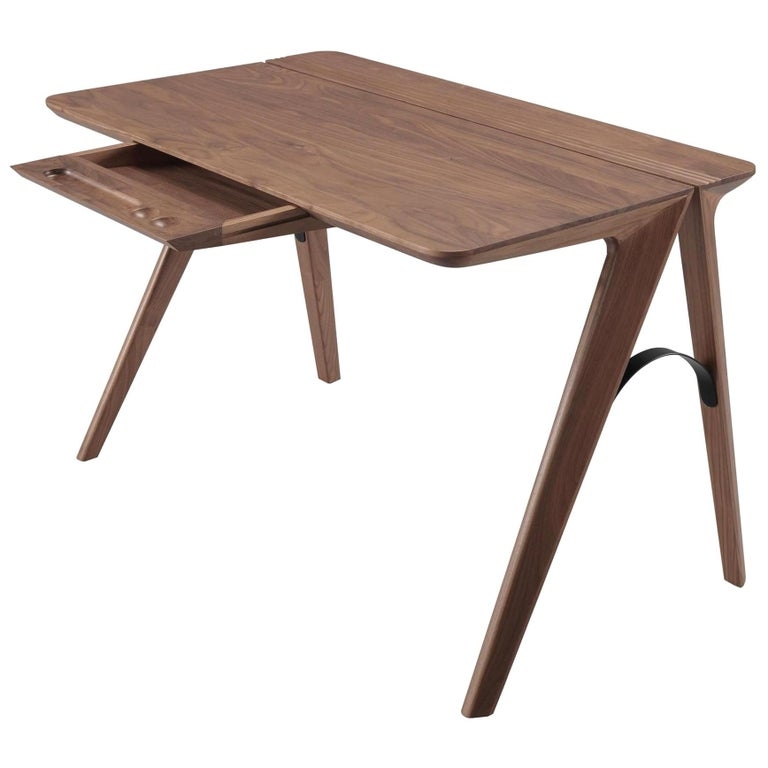 Writing Desk Three Drawers Angled Legs Mid-Century Style Tapered Desk