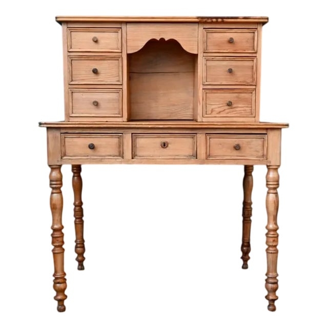 Writing Desk Tiered Top Turned Legs Antique Finish Cubby Storage
