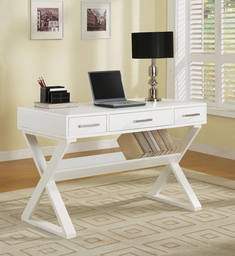 Writing Desk Transitional Two Drawers Silver Knobs Slim Silhouette