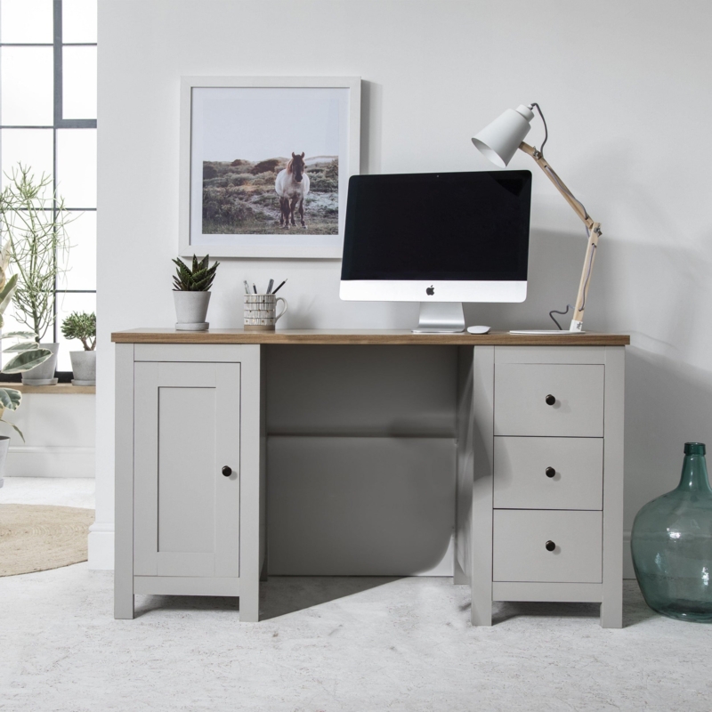Writing Desk Trestle Base Stoney Grey Finish Cup Handles Transitional
