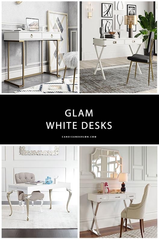 Writing Desk Trestle Base Tufted Chair Context Gold Accents White