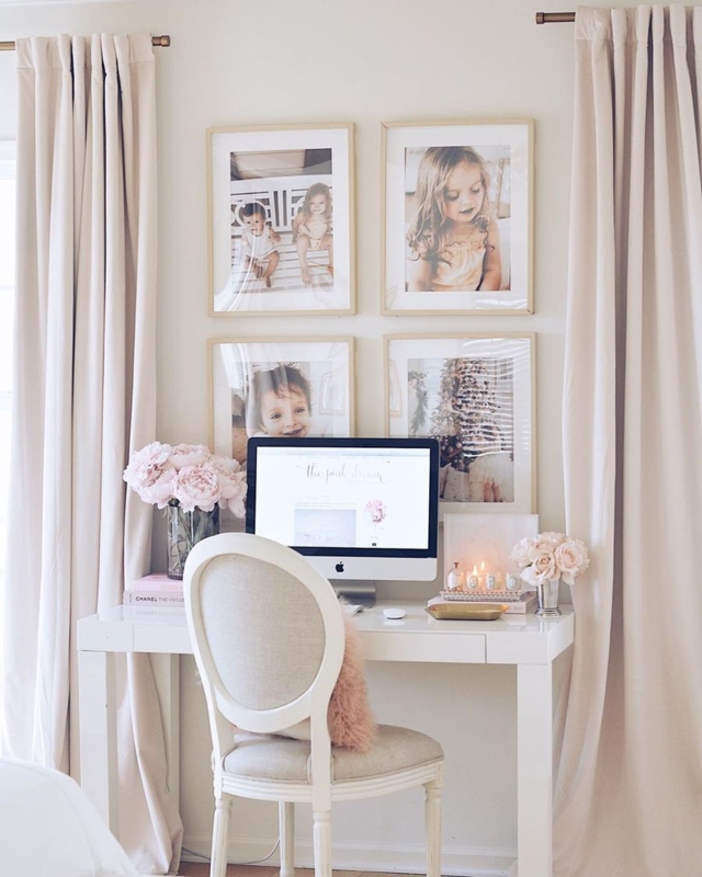 Writing Desk Trestle Base Tufted French Chair Pink Velvet Curtains