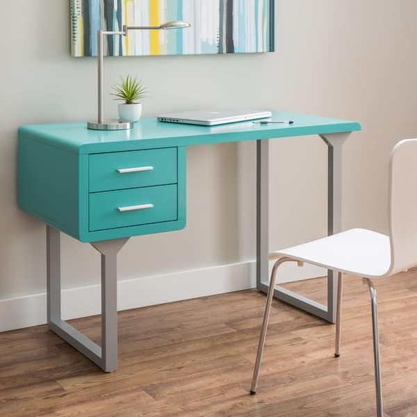 Writing Desk Turquoise Drawer Cutout Handles Grey Frame Retro