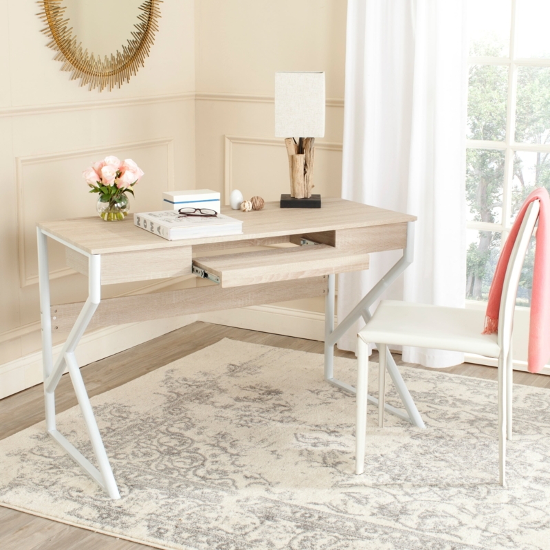 Writing Desk Two Tone Finish Gold Caps Natural Wood White X Frame