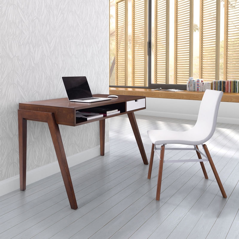 Writing Desk Two-Tone White and Walnut Cut Out Pulls Splayed Legs