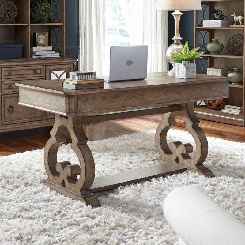 Writing Desk Two-Tone White & Wood Look with Trestle Base
