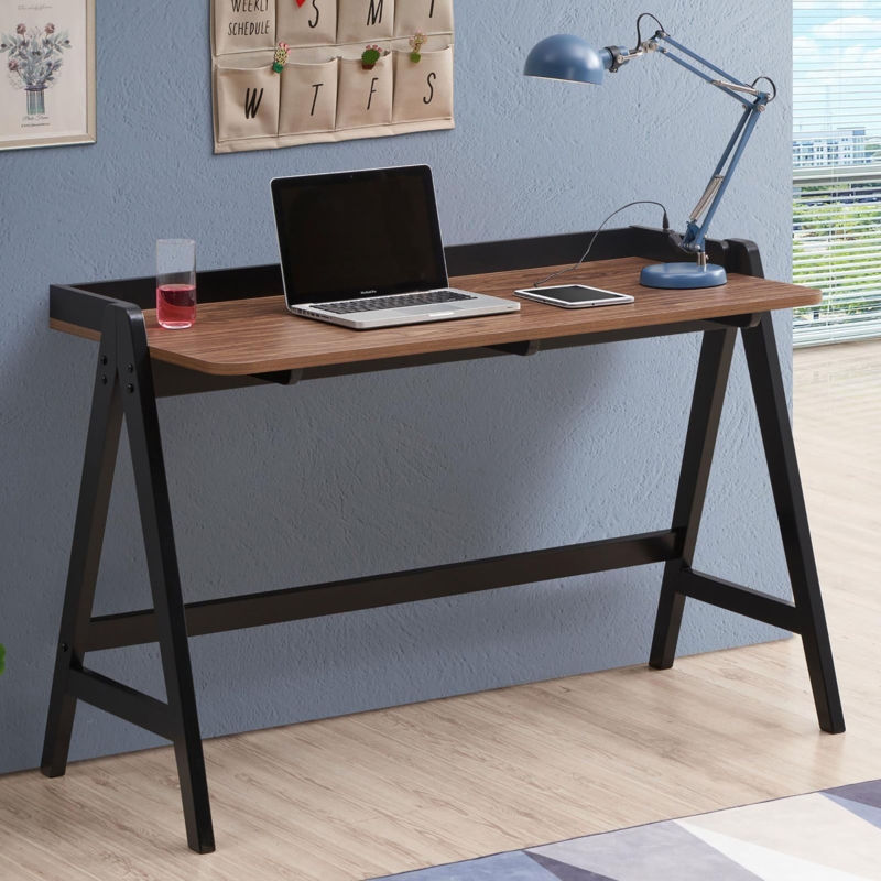 Writing Desk Walnut Brown Modern Sled Base Integrated Outlets