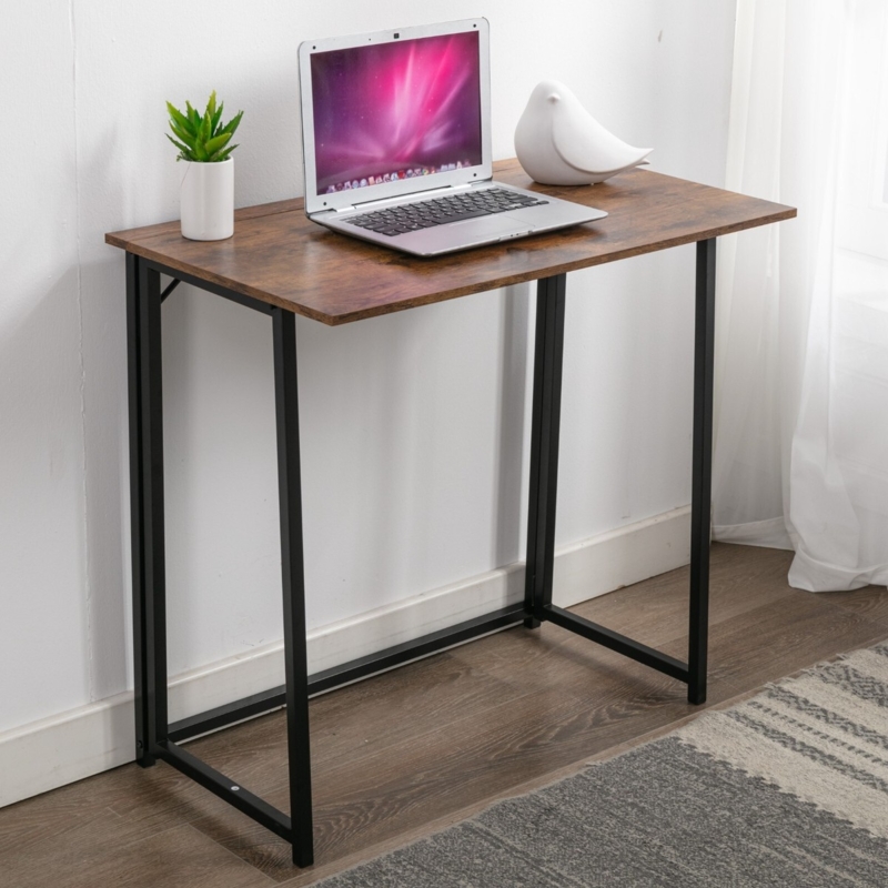 Writing Desk Walnut Finish Black Metal X-Frame Folding Industrial Desk
