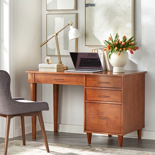 Writing Desk Walnut Finish Recessed Pulls Splayed Legs