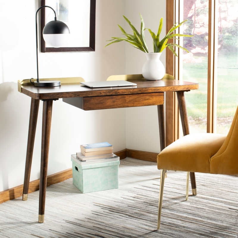 Writing Desk Walnut Finish Single Drawer Tapered Legs Minimalist