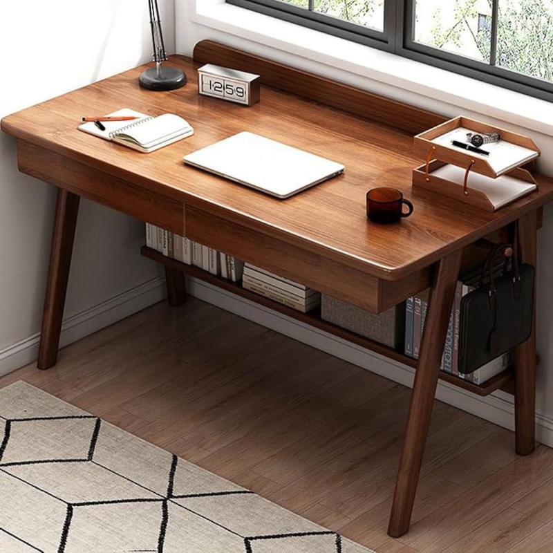 Writing Desk Walnut Tone Cutout Handles Tapered Splayed Legs