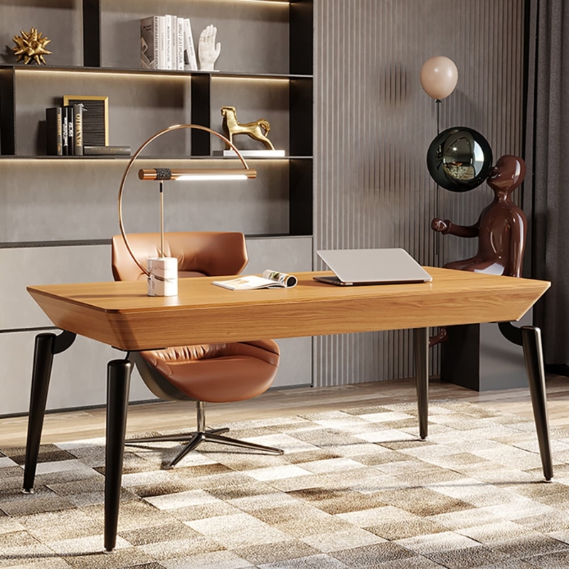 Writing Desk Walnut Tone Splayed Black Metal Legs Handleless Drawers