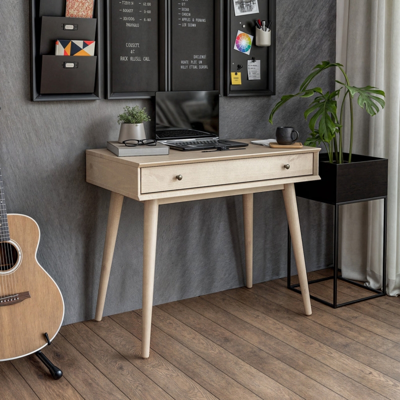 Writing Desk Warm Brown with Cut-Out Handles Dual Drawers Minimalist