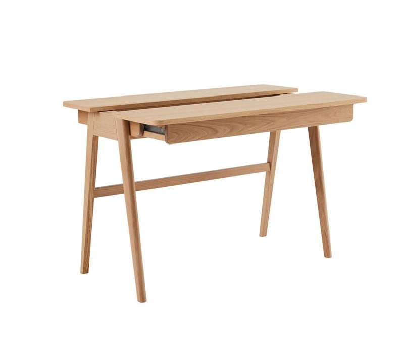 Writing Desk Warm Wood Integrated Pulls Mid-Century Modern Setup