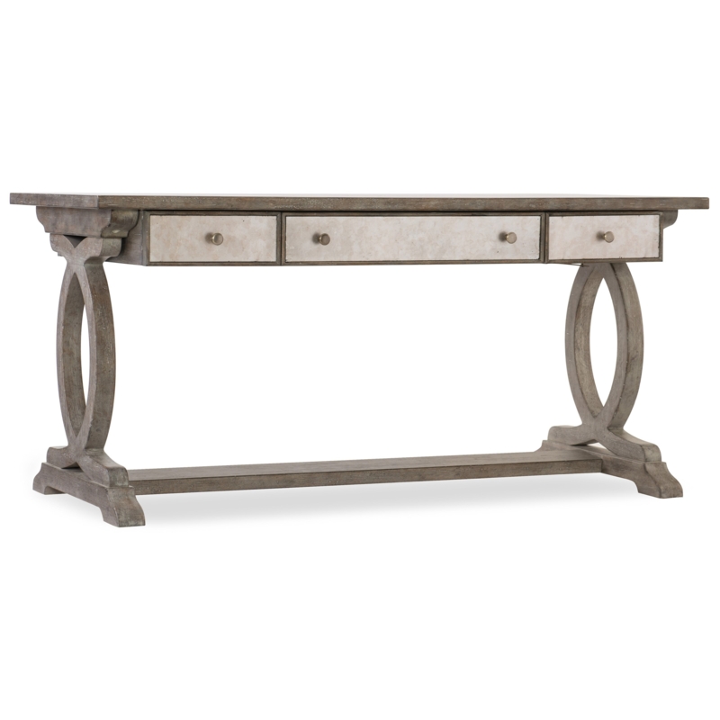 Writing Desk Weathered Light Wood Drop-Front Drawer Metal Stretcher