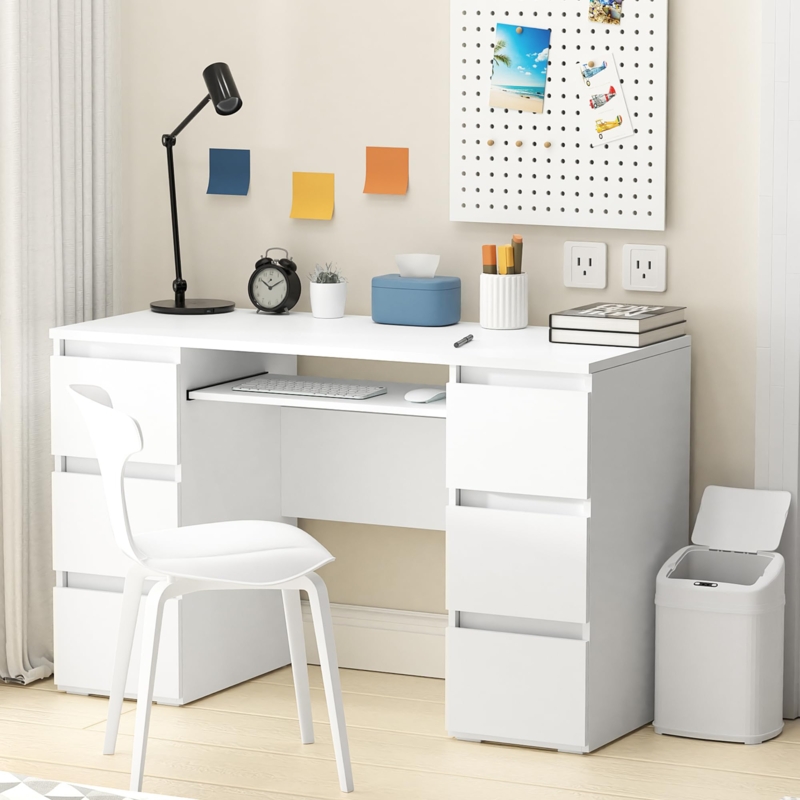 Writing Desk White and Wood Two-Tone Finish with Tapered Legs
