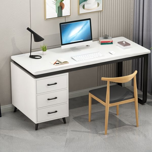Writing Desk White Black Metal Frame Side Hanging Pocket Minimalist