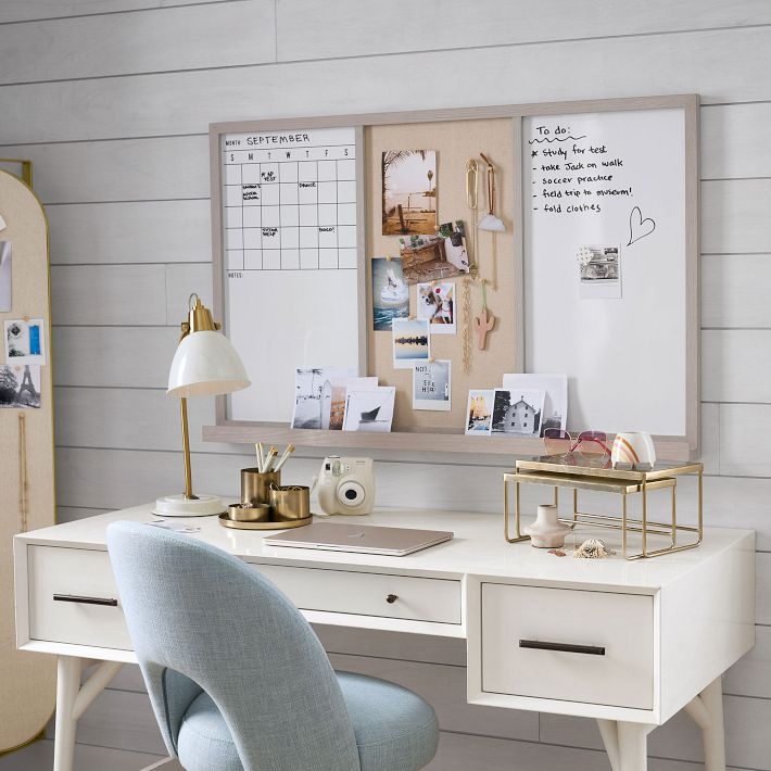 Writing Desk White Brass Hardware Accents Tapered Wood Legs