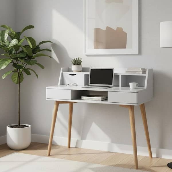 Writing Desk White Finish Built-in Hutch Tapered Wood Legs Small Space