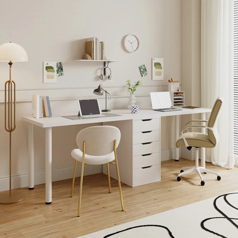 Writing Desk White Gold Metal Base Two Drawers Chic Workspace