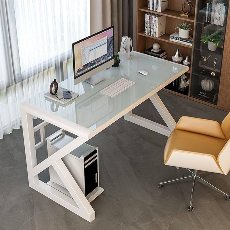 Writing Desk White K-Frame Rounded Glass Edges Transparent Top