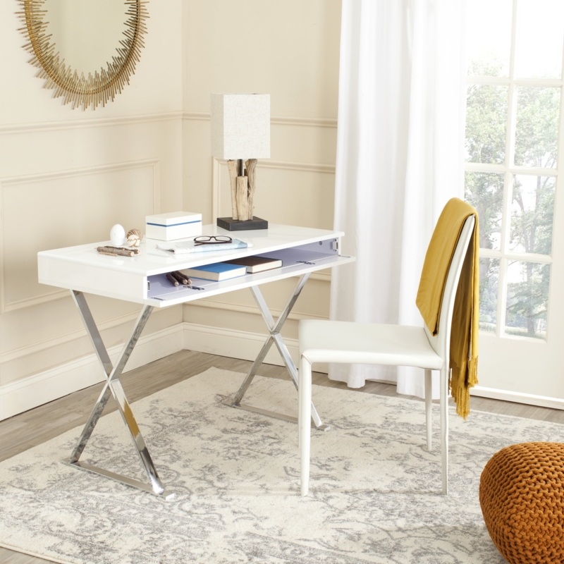 Writing Desk White Lacquer Finish Chrome X-Base Two Drawers