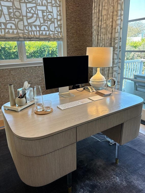 Writing Desk White Lacquered Top Gold Tapered Legs Thin Pulls