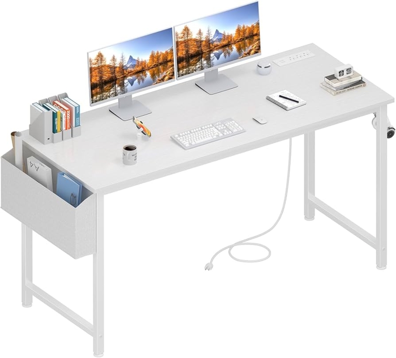 Writing Desk White Metal Side Storage Pocket Built-In Outlets