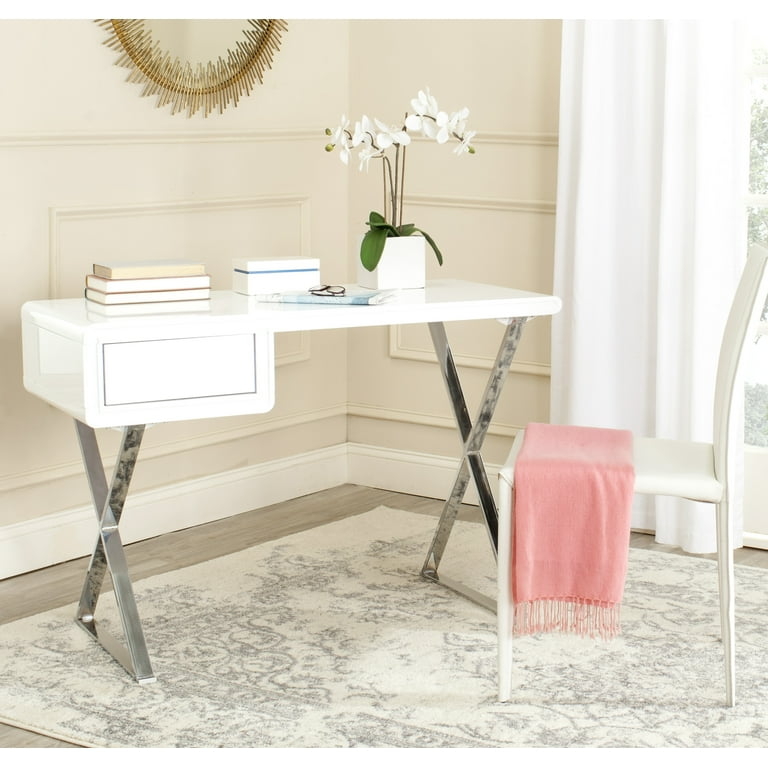 Writing Desk White Modern Glam Small Office Desk Metal Caps